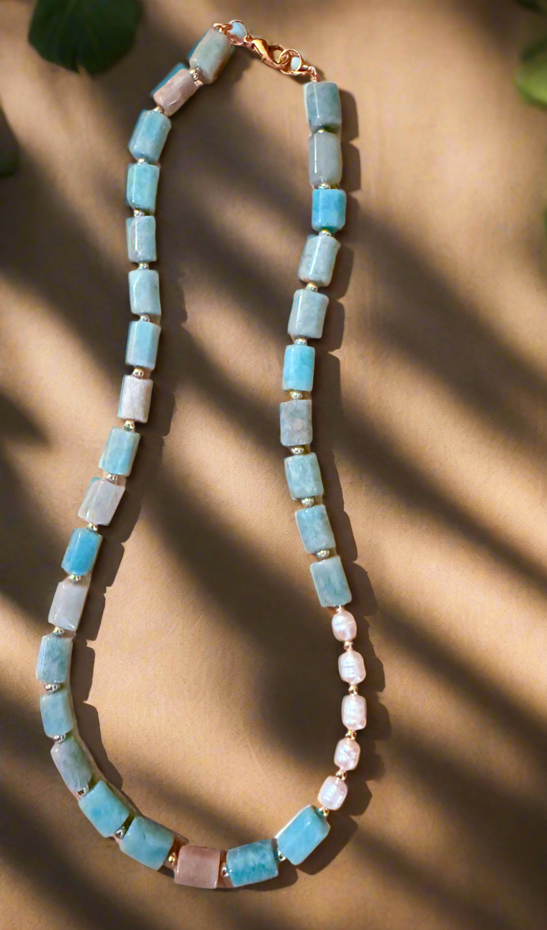 Amazonite & Pearl Necklace with Gold Accents