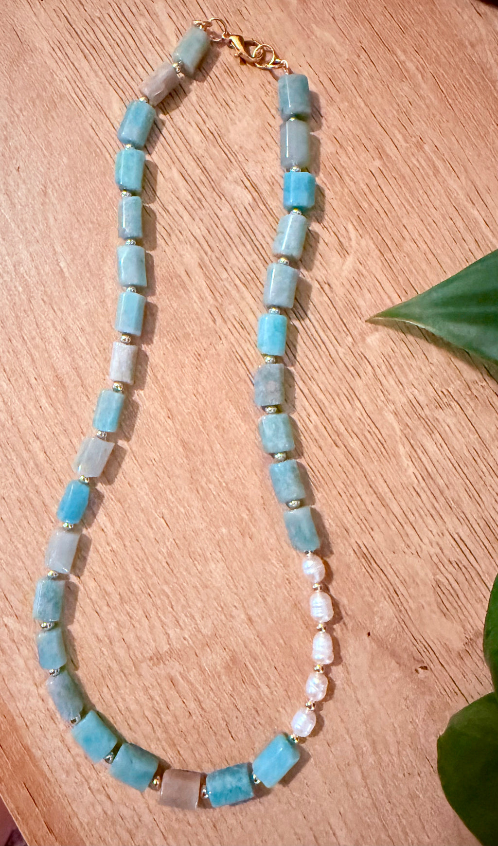 Amazonite & Pearl Necklace with Gold Accents