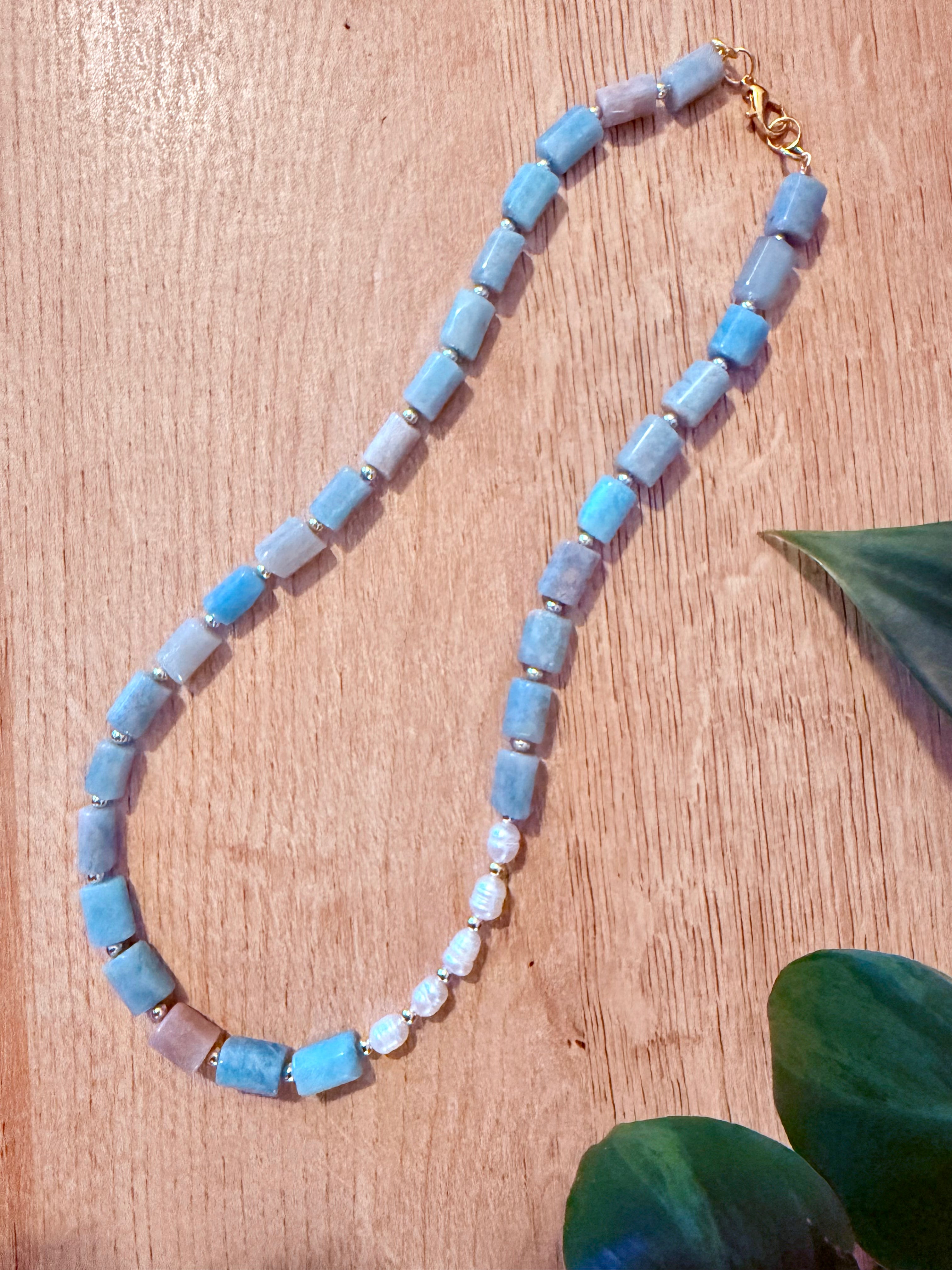 Amazonite & Pearl Necklace with Gold Accents