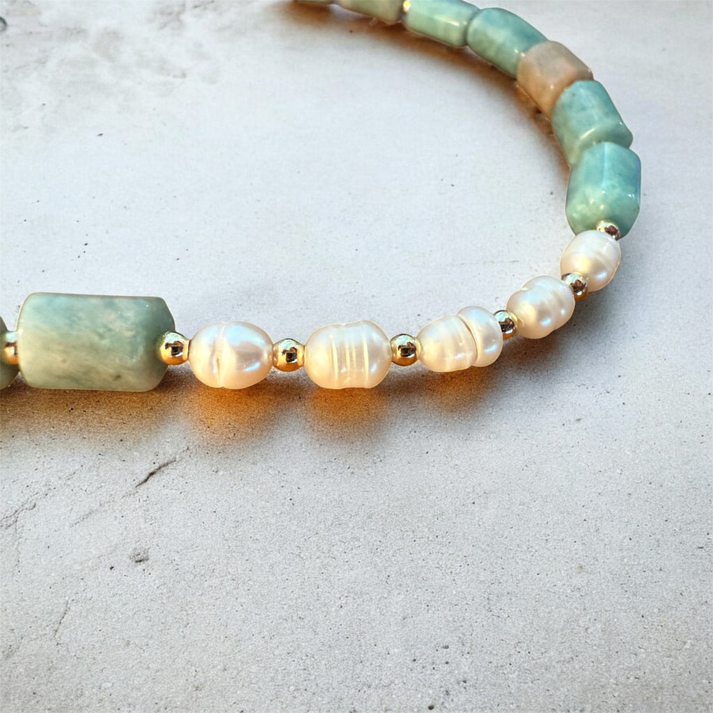 Amazonite & Pearl Necklace with Gold Accents