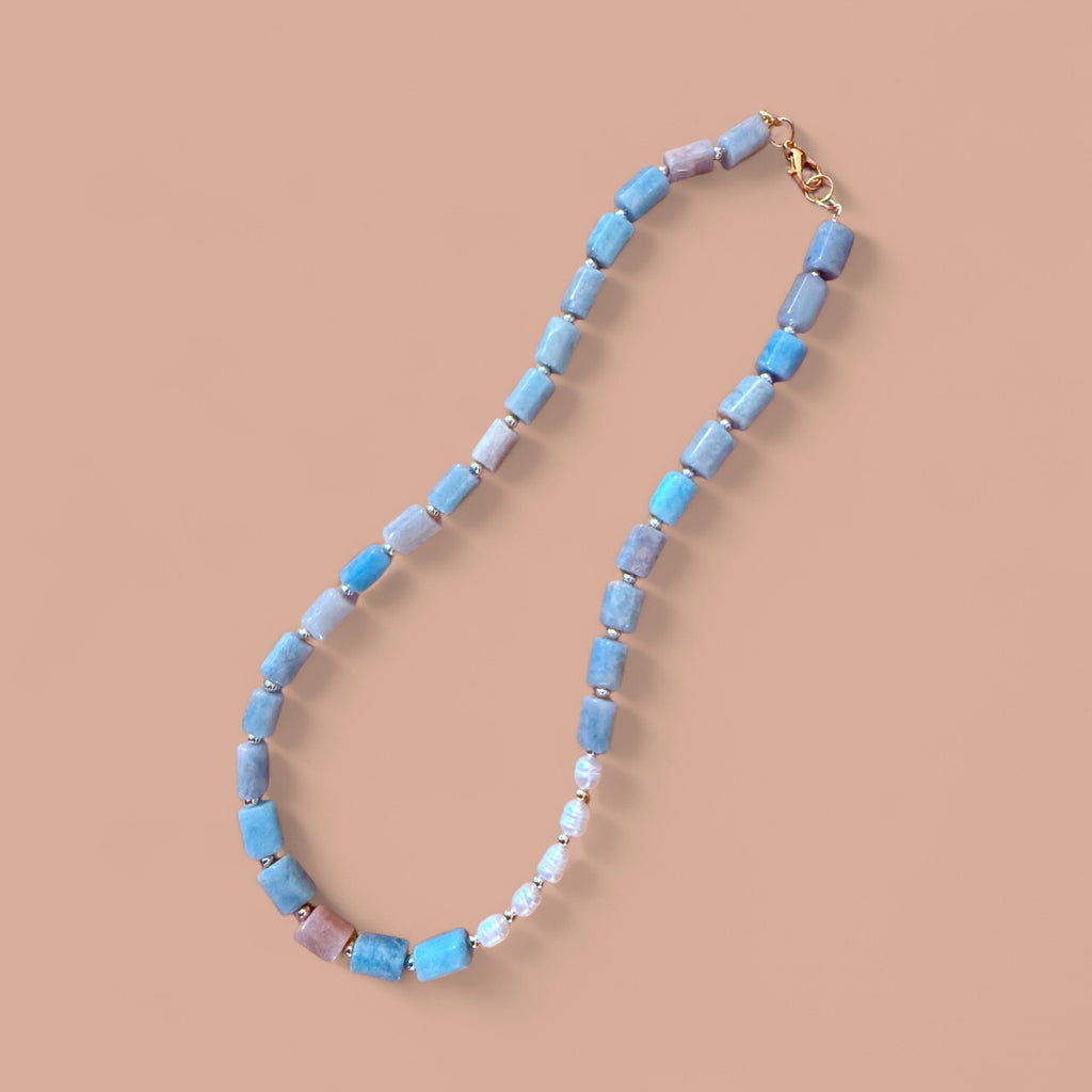 Amazonite & Pearl Necklace with Gold Accents