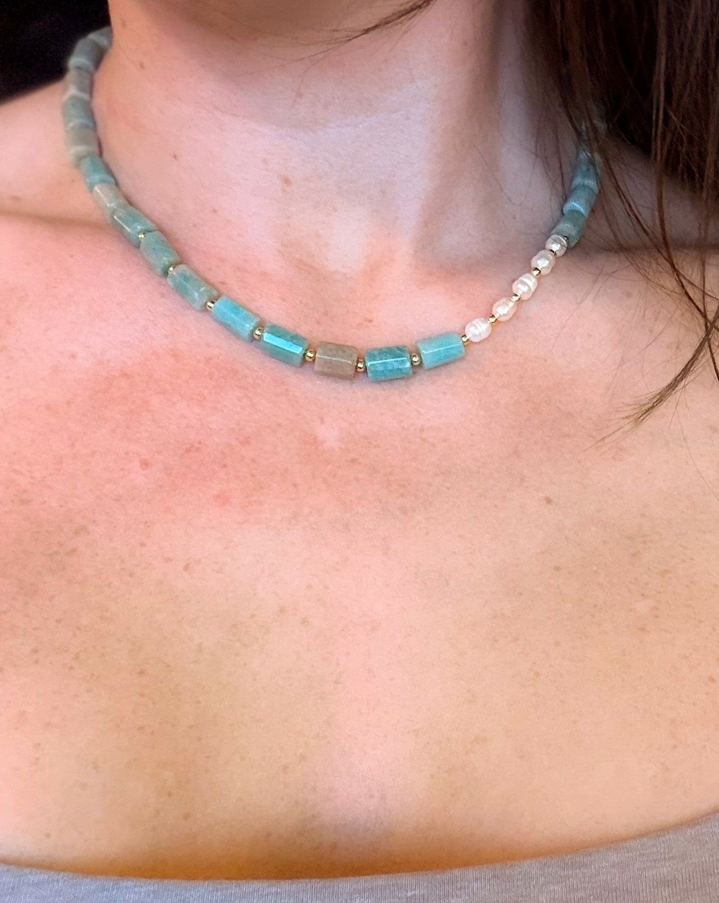 Amazonite & Pearl Necklace with Gold Accents